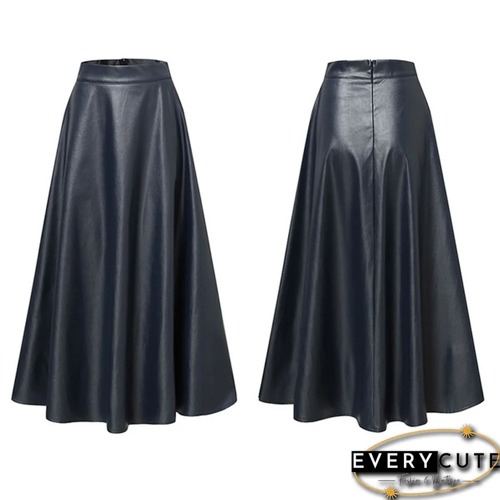 S- Women Faux Leather Vintage Maxi Long Skirts High Waist Pleated Big Swing Skirt Dress