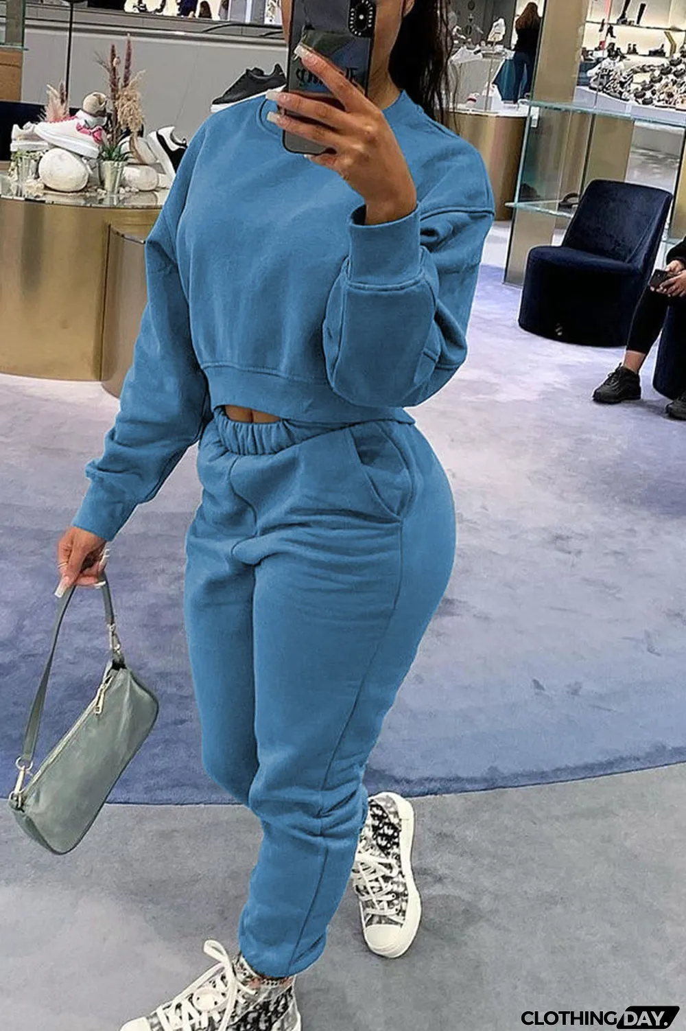 Blue Casual Solid Long Sleeve Two Pieces