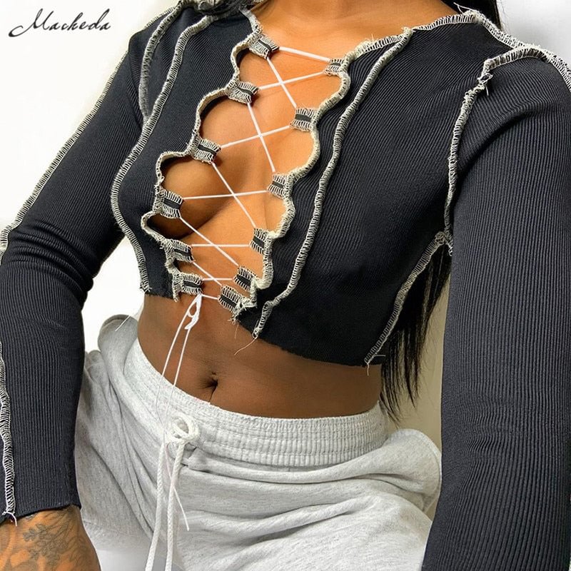 Macheda Autumn Fashion Sexy Hollow Out T-Shirt Women  Patchwork Long Sleeve Street Casual Crop Top Lady Cross Bandage Tee