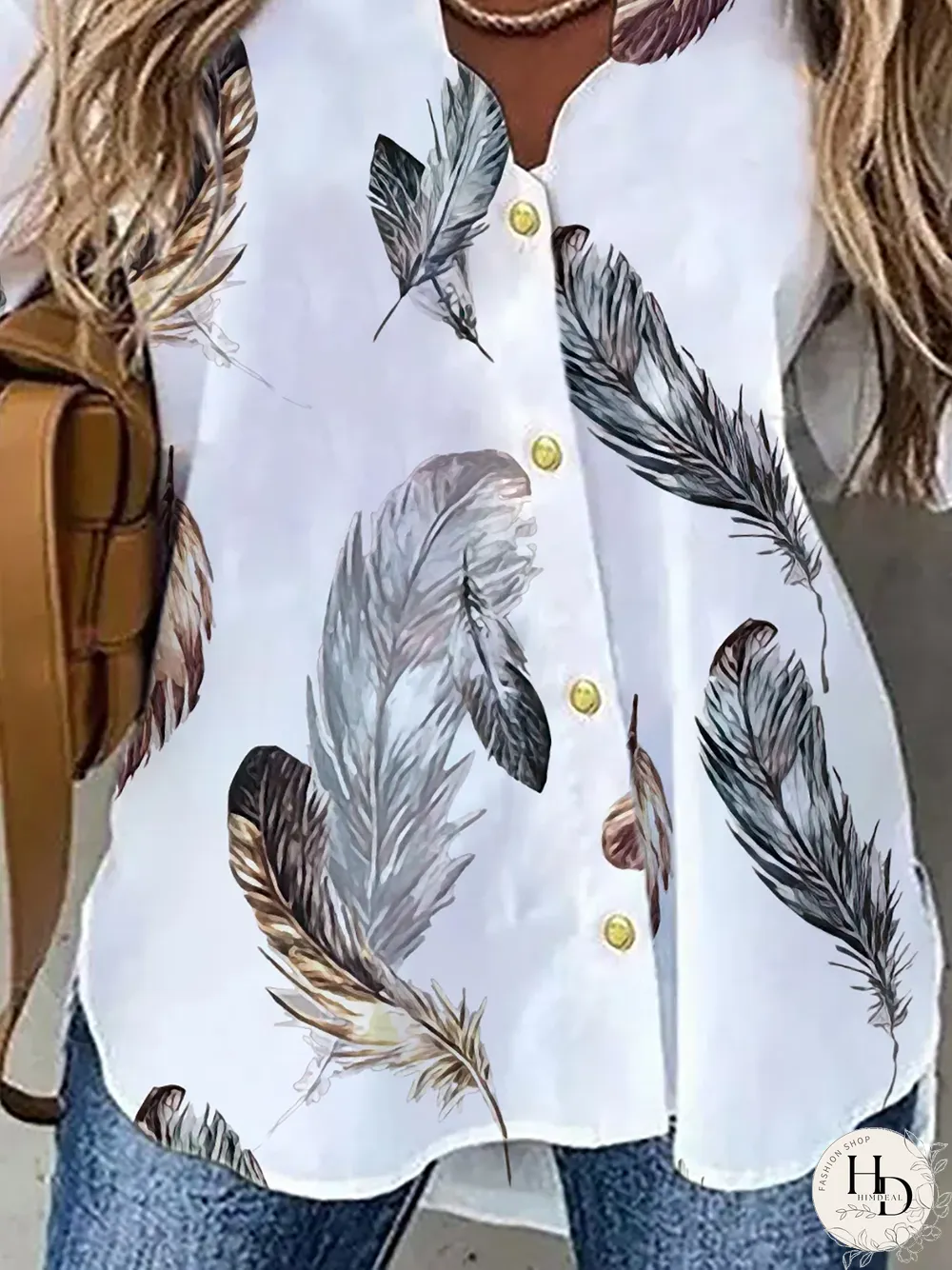 Plus size Casual Feather V Neck Long Sleeve Blouse