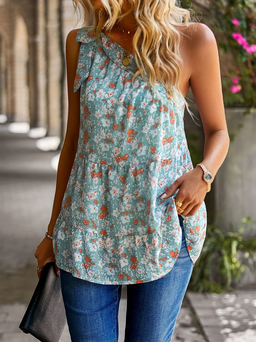 Women plus size clothing Women's Summer Sleeveless One Shoulder Floral Print Casual Top-Nordswear