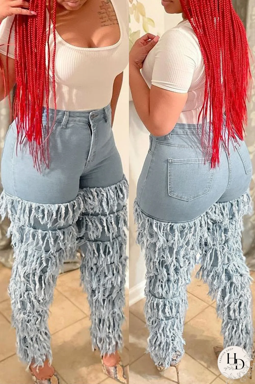 Light Blue Fashion Casual Solid Tassel Mid Waist Regular Jeans