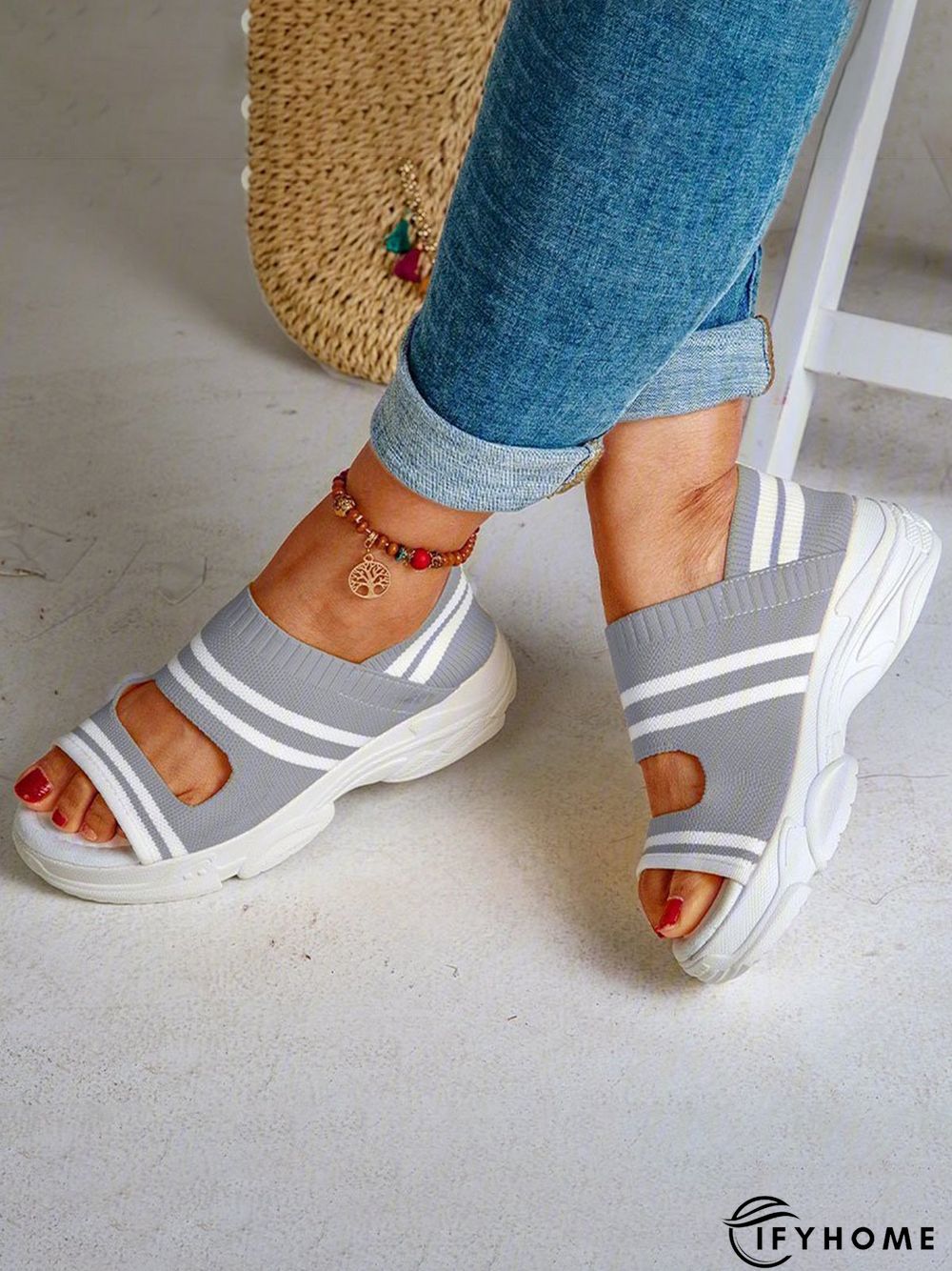Casual Low Heel Gray Open Toe Sandals | IFYHOME