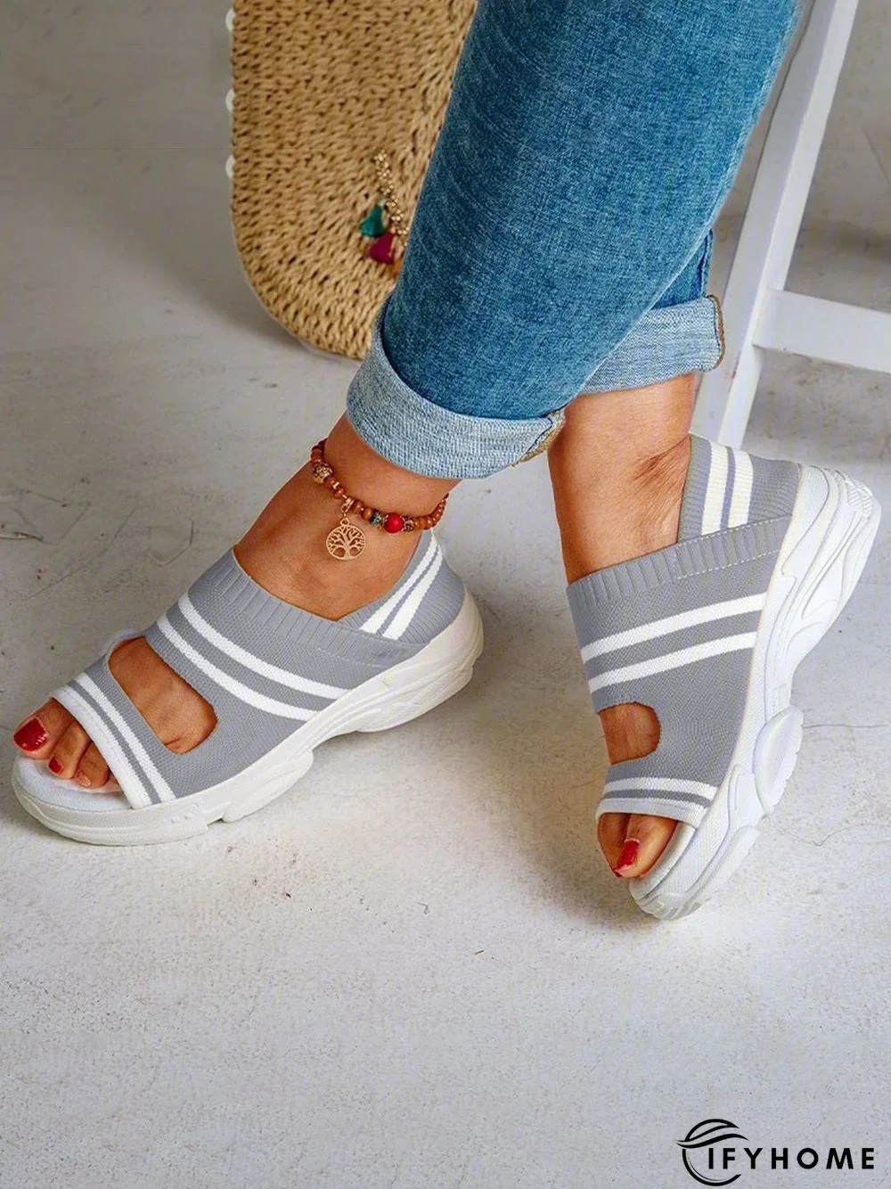 Casual Low Heel Gray Open Toe Sandals | IFYHOME