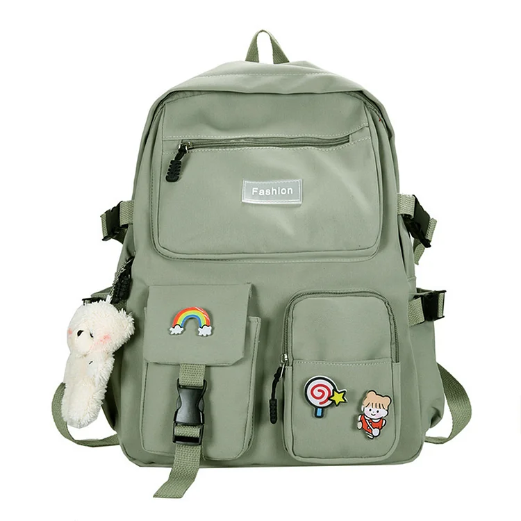 Nylon Casual Women Backpack Fashion Zipper Students Schoolbag with Dolls Pendant-Annaletters