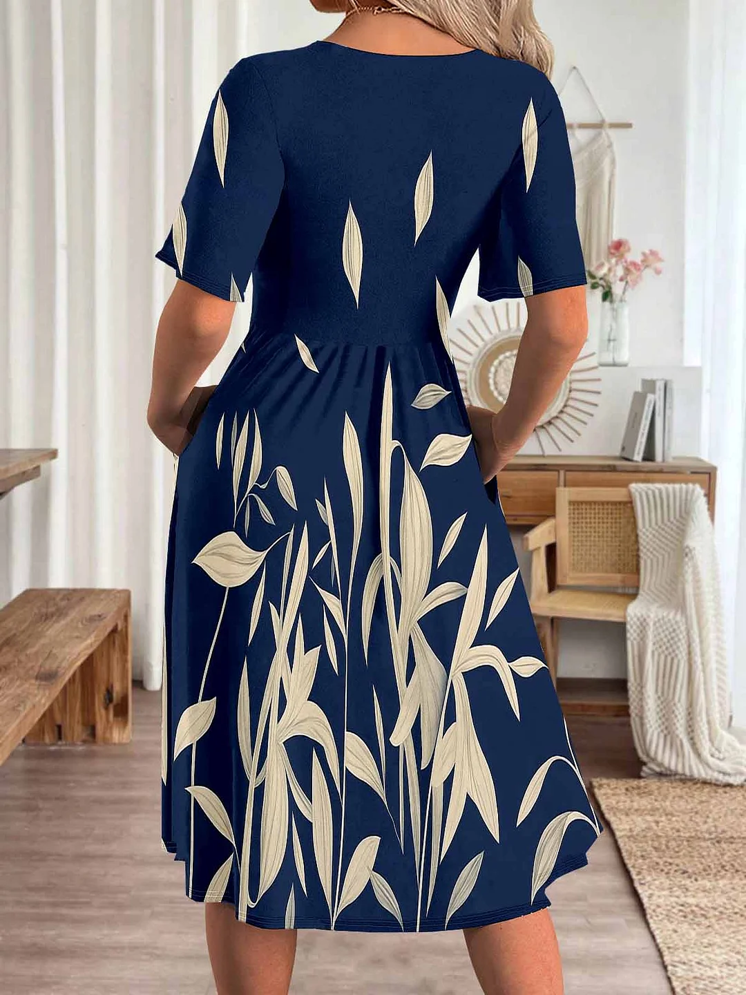 Women Floral,Blue DZHA8179 Short Sleeve Scoop Neck Graphic Printed Hollow Midi Dress