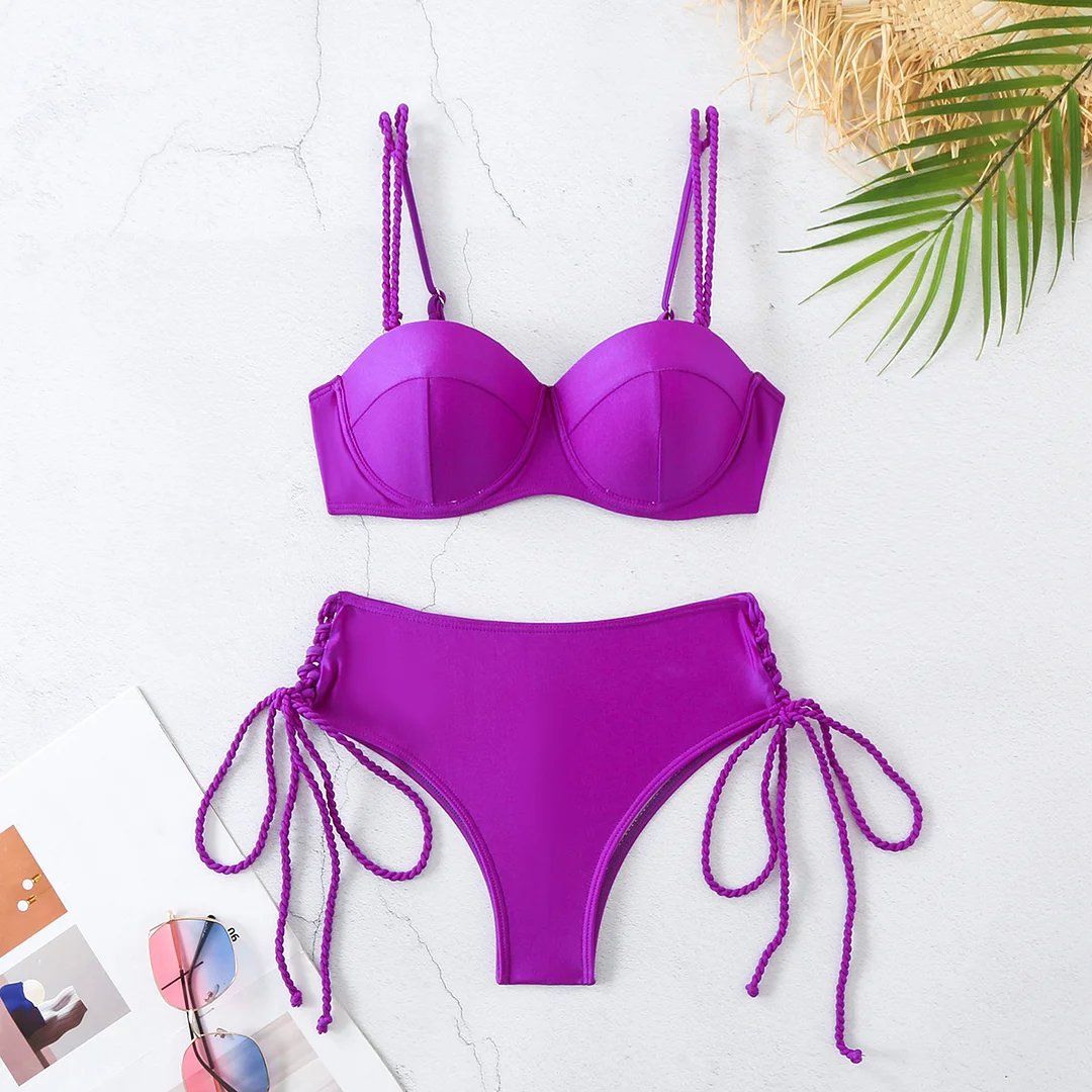 Uveng Multi-Color Solid Color Choreette Sling Sling Chest Hard Bag Bikini 2025 New High-Waisted Split Swimsuit Woman