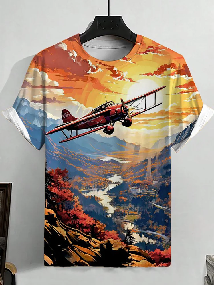 Men's Vintage Airplane Sunrise Scenery Illustration Print Casual T-Shirt