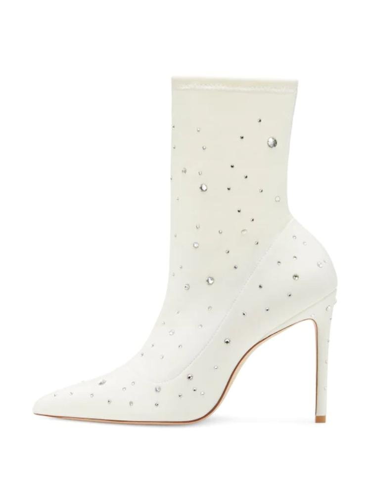 White Rhinestone Ankle Boots Stretch Stiletto-Heeled Bridal Sock Booties