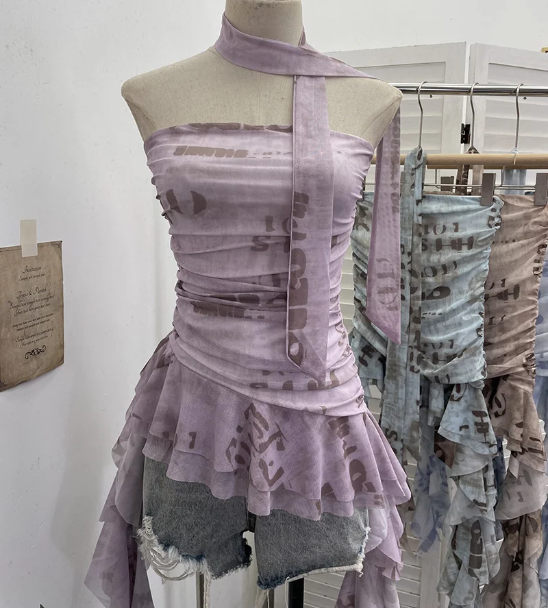 Nigikala Nigikala Shooting Spice Girls Irregular Lotus Leaf Side Ribbon With Non-Slip Strip Mesh Printing Chest Vest 8037