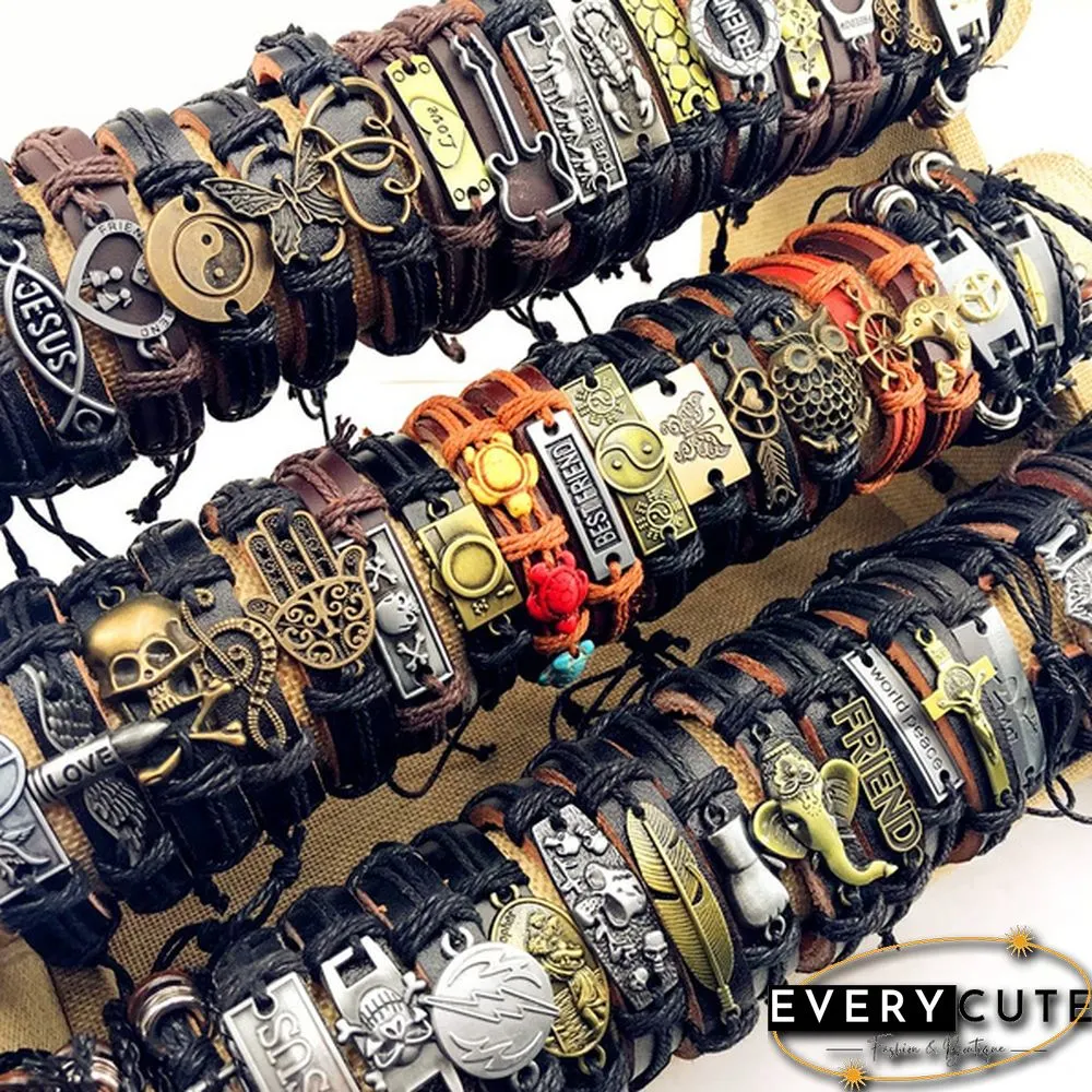 Wholesale 50pcs/Lot Leather Metal Charm Bracelets For Men Vintage Cuff Bracelets For Women Gifts Jewelry Mix Style