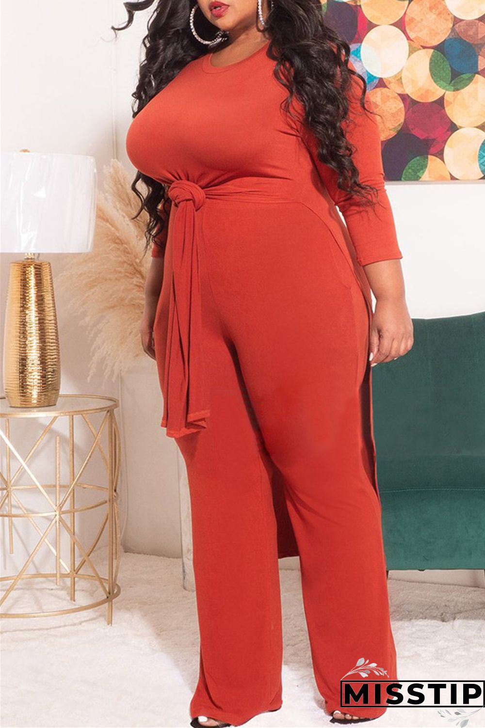 Blue Fashion Casual Solid Slit O Neck Plus Size Two Pieces