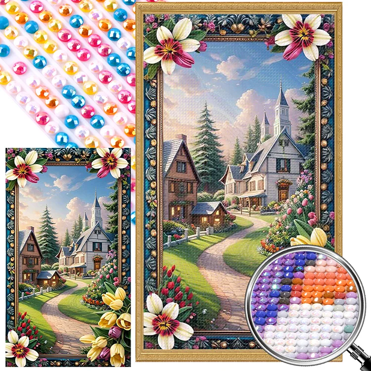Partial AB Drill - Full Round Diamond Painting - Garden House With Picture Frame 40*70CM