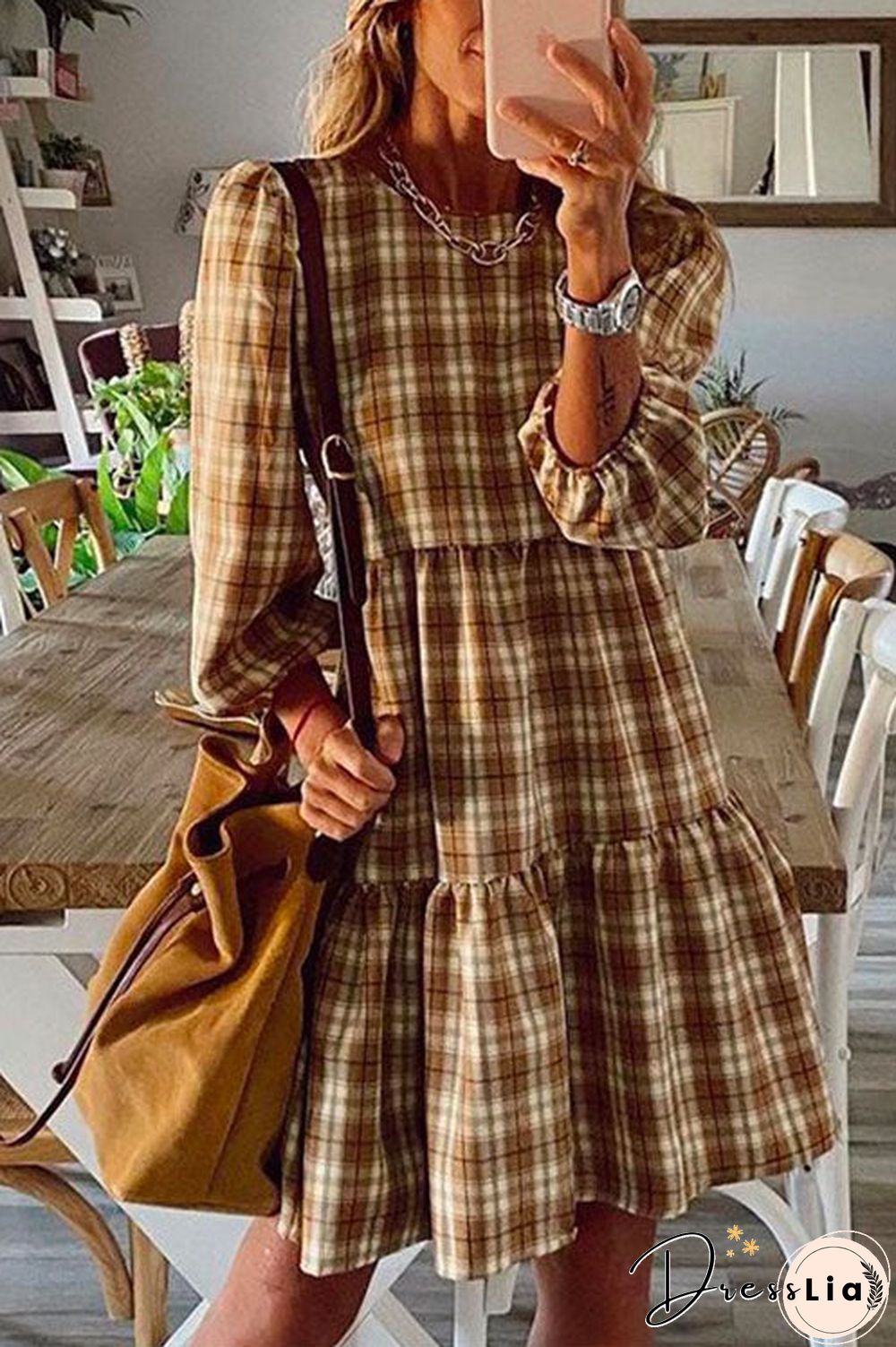 3/4 Sleeve Plaid Swing Dress