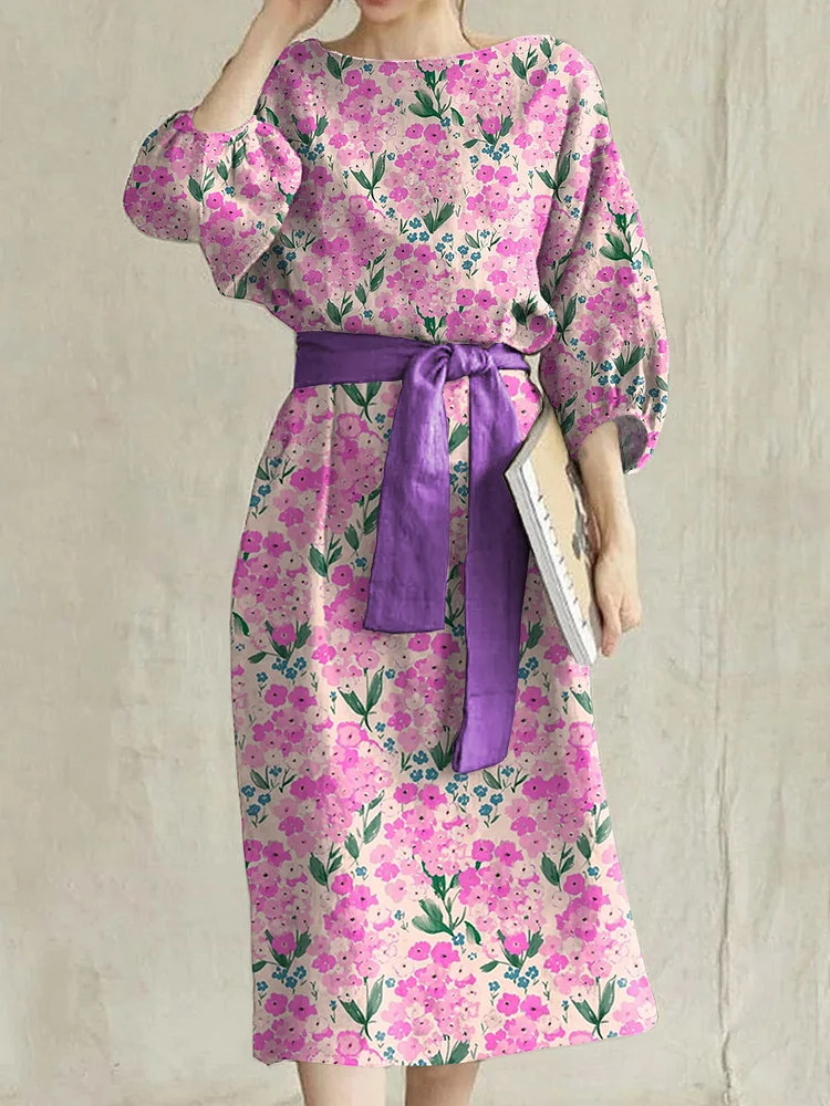 Retro Fashion Floral Art Print Midi High Waist Tie Round Neck Dress