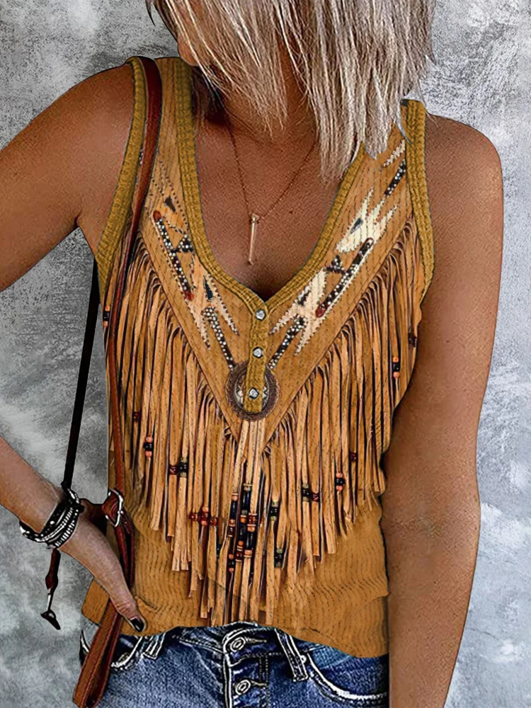 Western Tribal Leather Tassels Button Up Tank Top
