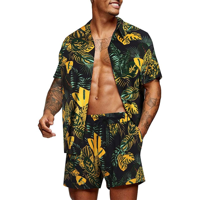 Men's Hawaiian Flower Shirt Beach Suit Shorts Two-piece Set