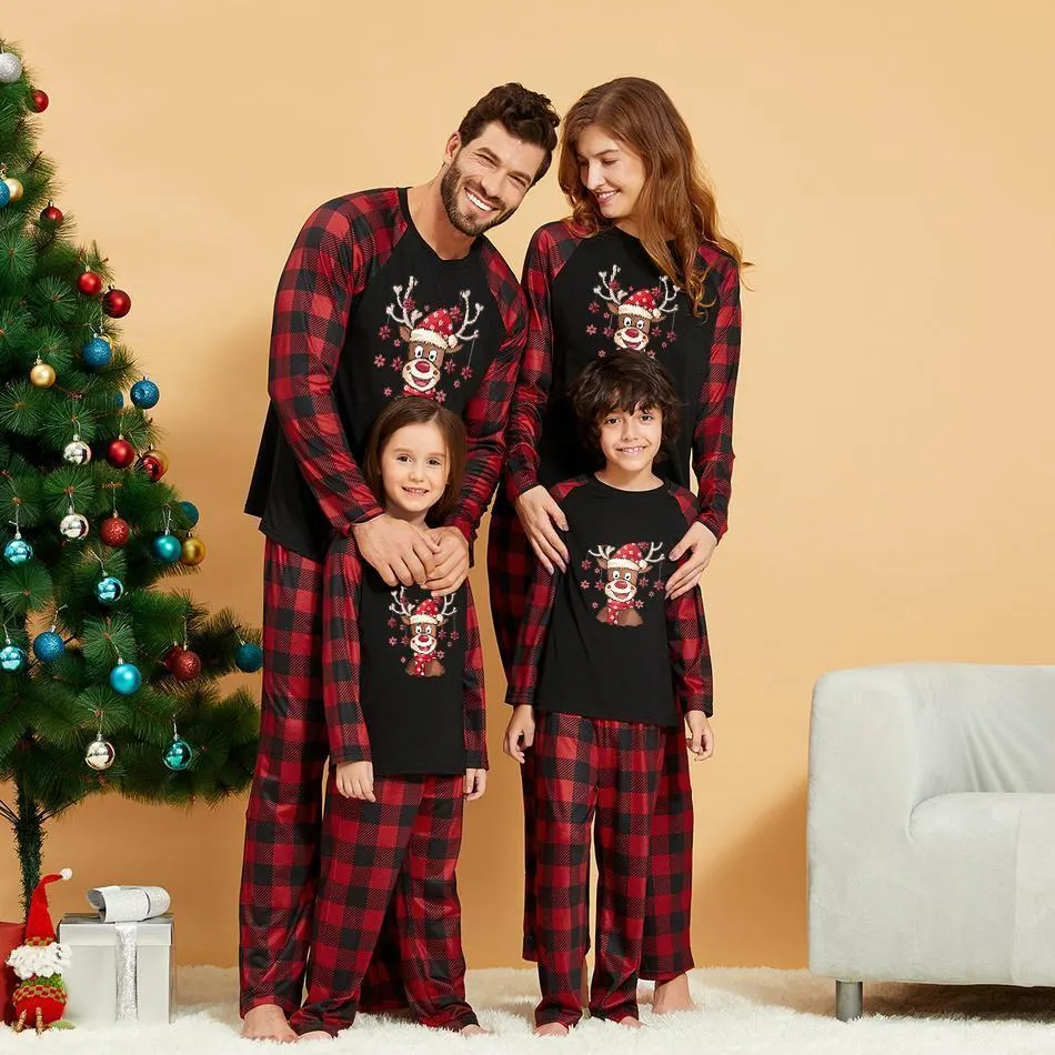 Cartoon Deer Contrast top and Plaid Pants Family Matching Pajamas Set ...