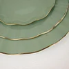 10 Pack | 9" Dusty Sage Hard Plastic Dinner Plates with Gold Ruffled Rim, Heavy Duty Disposable Dinnerware