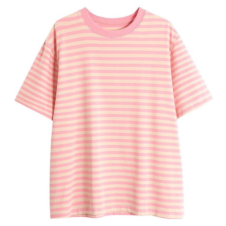 Stripe Colorblock Round Collar T-Shirt - Modakawa modakawa