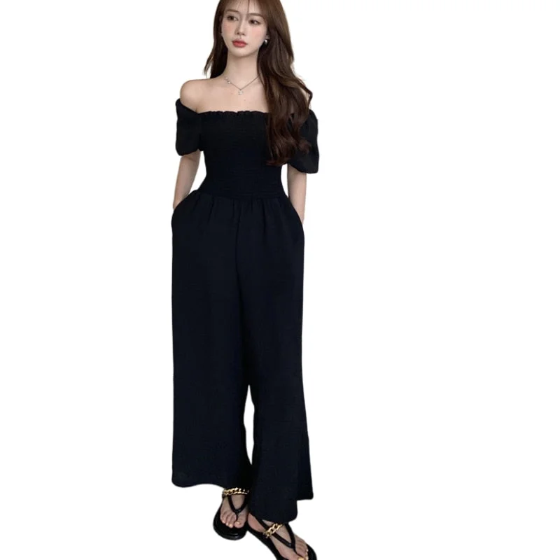 New Summer Women Casual Sexy Off Shoulder Black Jumpsuit Trousers Overalls Ladies High Waist Wide Leg Playsuit Romper