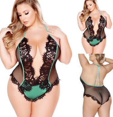 Lovingerie - Plus-Size Sexy Lace Mesh See-Through Halter Jumpsuit Lingerie