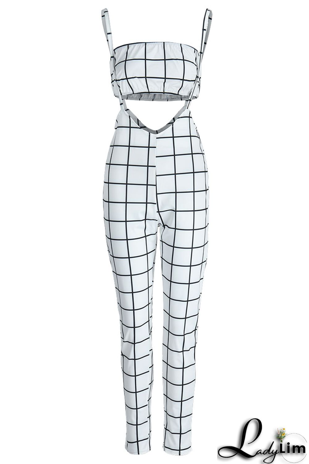 Deep Blue Sexy Plaid Print Split Joint Spaghetti Strap Sleeveless Two Pieces