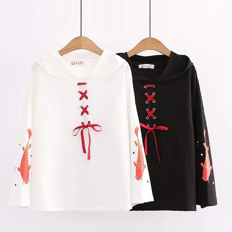 Cartoon Fish Print Lace Up  Flare Sleeve Hooded Pullover SP15123