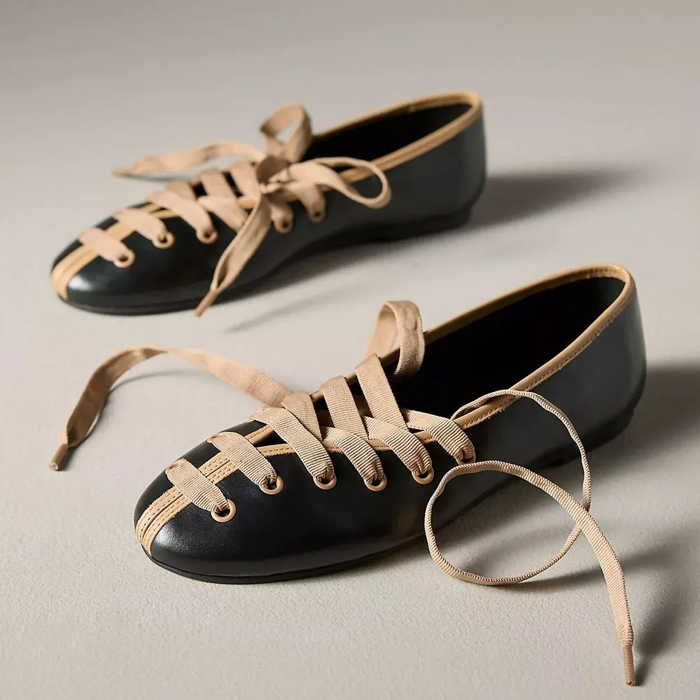 Vintage Black Round Toe Lace Up Ballet Flat Shoes for Women