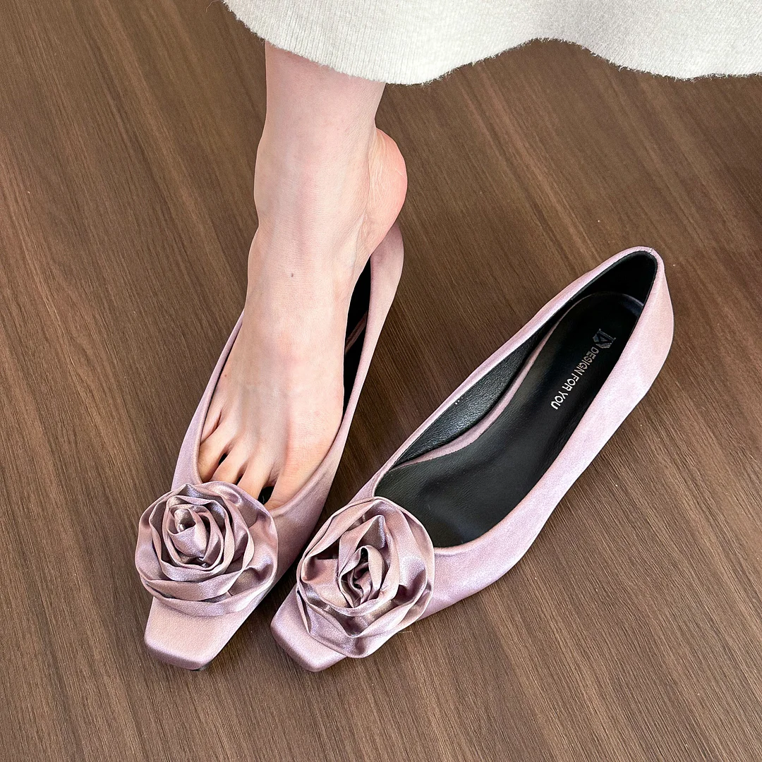 Qengg Roses! Gentle Apricot Silk Satin Head Shallow Mouth Single Shoes Women's Low Thick Heels Flat Shoes