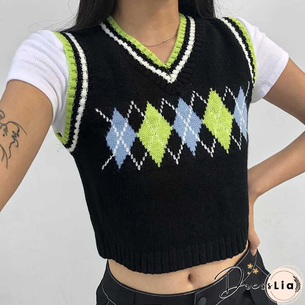 Checkered Cropped Knitted Tank Argyle Sleeveless Jumper