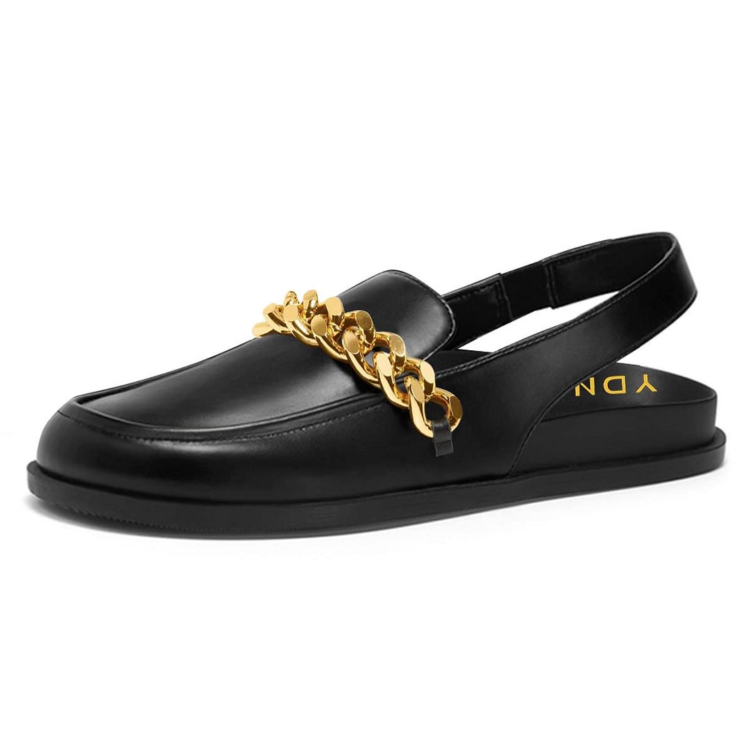 Black Round Toe Flat Slingback Women's Loafers with Gold Metal Chain