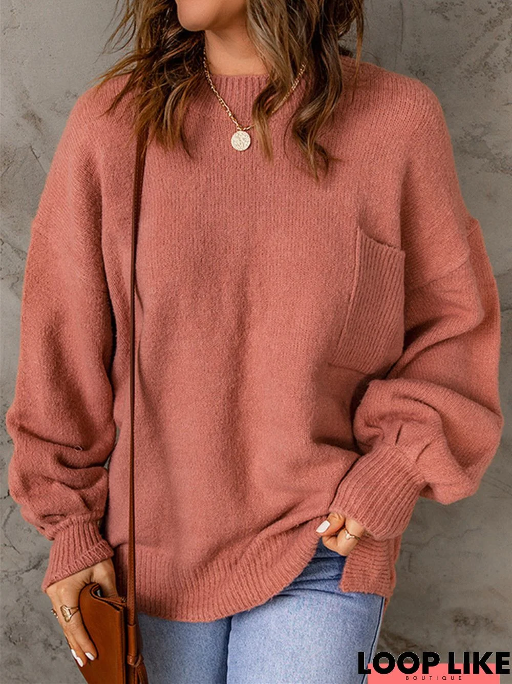 Solid Color Casual Long Sleeve Sweater with Pockets