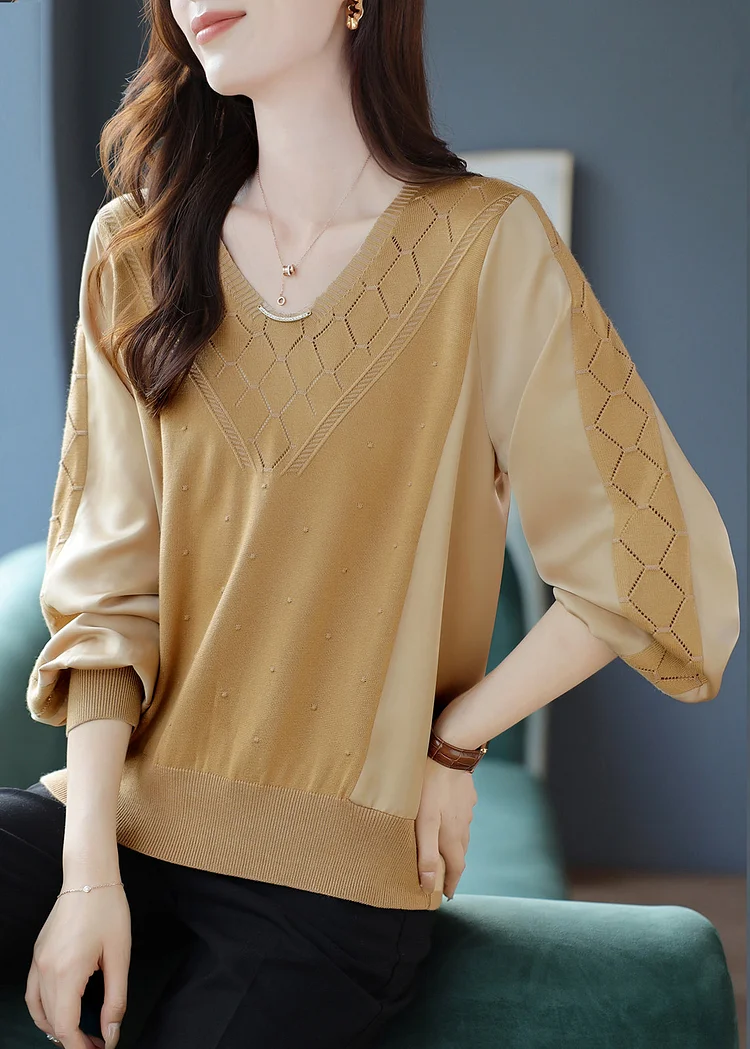 Loose Khaki V Neck Hollow Out Patchwork Knit Sweaters Long Sleeve