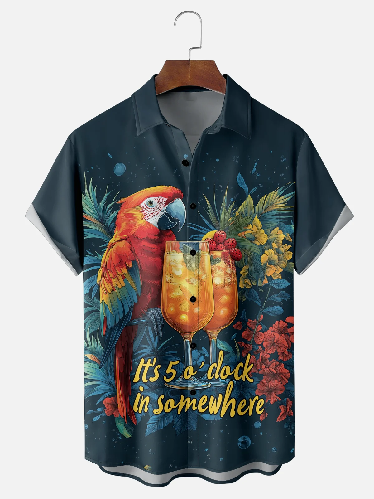 Moisture-wicking Its 5 O'clock Somewhere Parrots Chest Pocket Hawaiian Shirt PLUSCLOTHESMAN