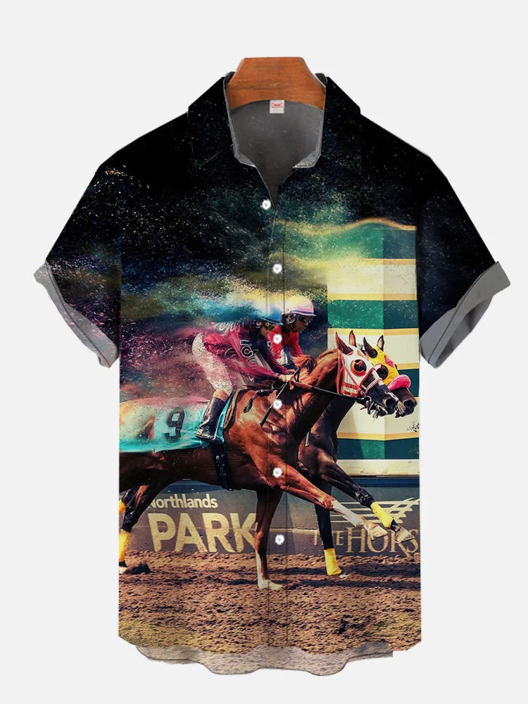 Final Turn Horse Racing Art Printing Short Sleeve Shirt