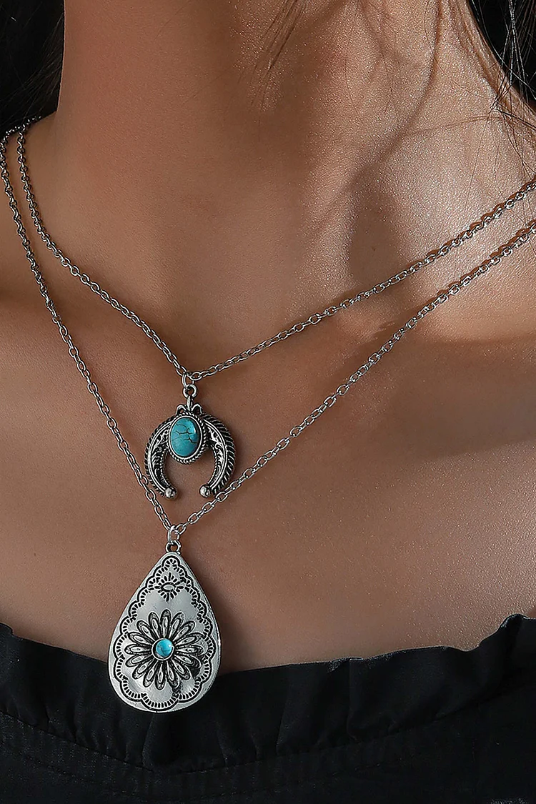 Vintage Geometric Turquoise Carved Double Necklace