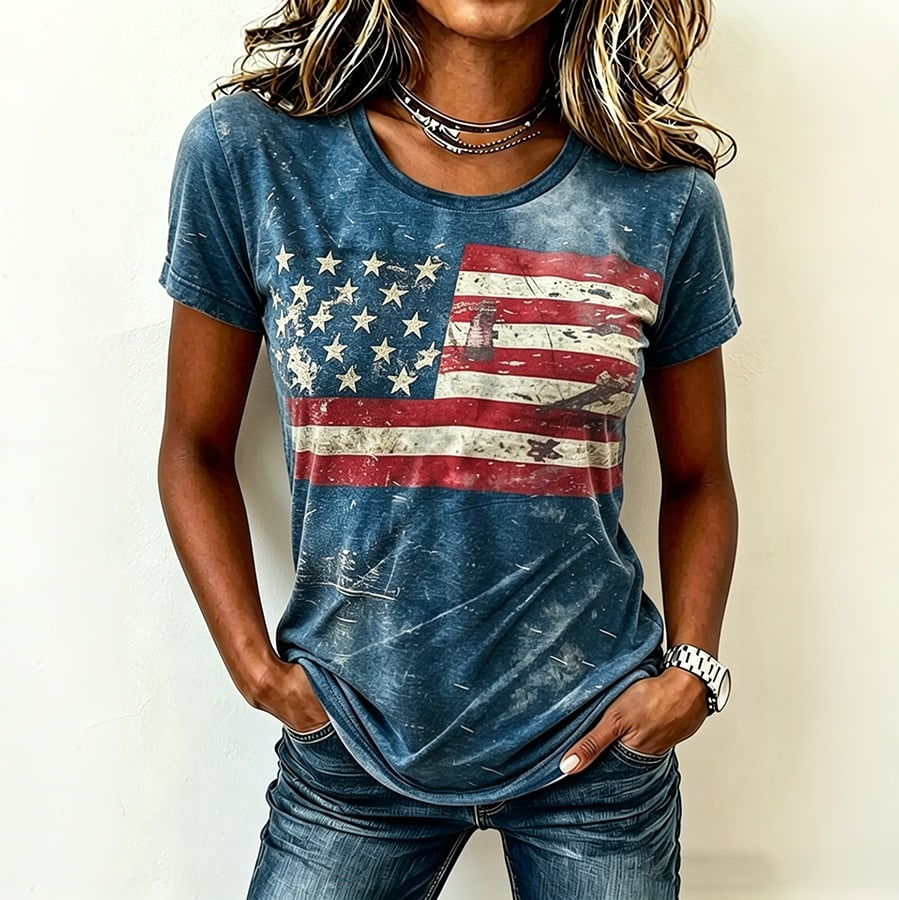   Women's Vintage Independence Day Flag Print Casual T-shirt Westsshops