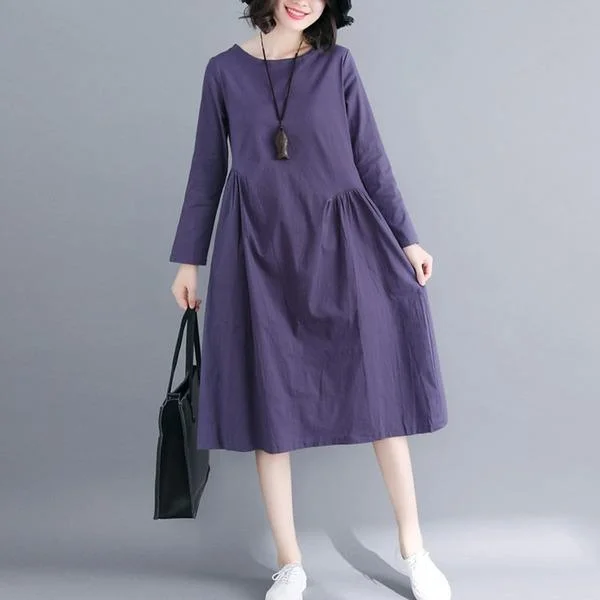 New Arrival 2020 Autumn Simple Style Vintage Solid Color Loose Dress