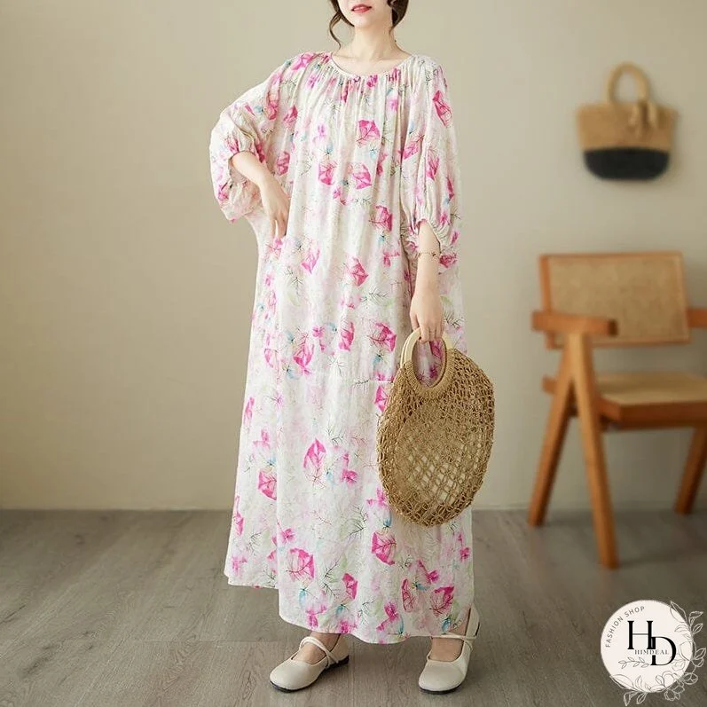 Loose Casual Pink Floral Cotton Linen Dress Half Sleeve Summer