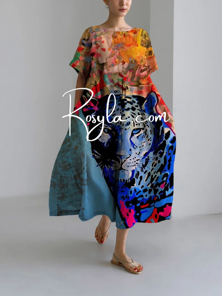 Women's Colorful Leopard Print Loose Round Neck Medium Length Skirt Dress