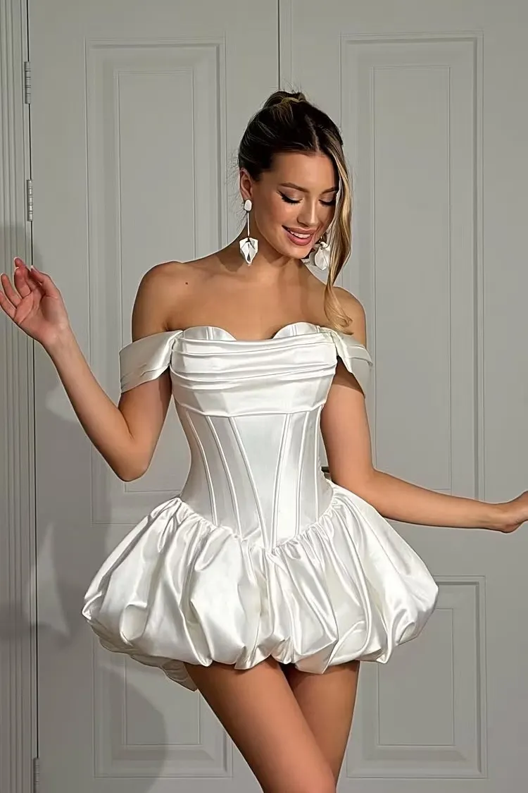 Miabel Satin White Strapless Sleeveless Off-The-Shoulder Short Homecoming Dress With Pleated