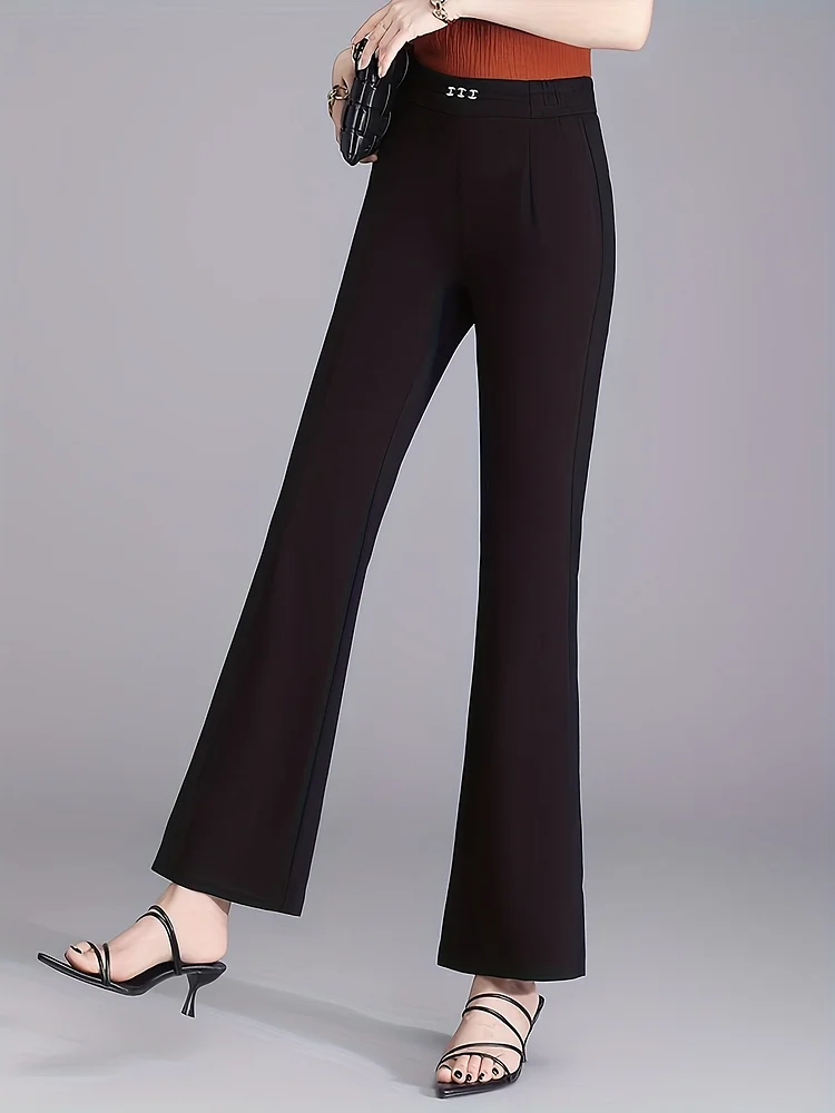 Women's High-Waisted Flared Pants - Stretchy Non-Transparent Trousers With Elastic Waistband, Lightweight Formal & Casual Pants For Women, Office, Everyday Outfits - Grey, High Waisted Pants, Semiformal Attire, Fashionforward Look, Comfortable Fit