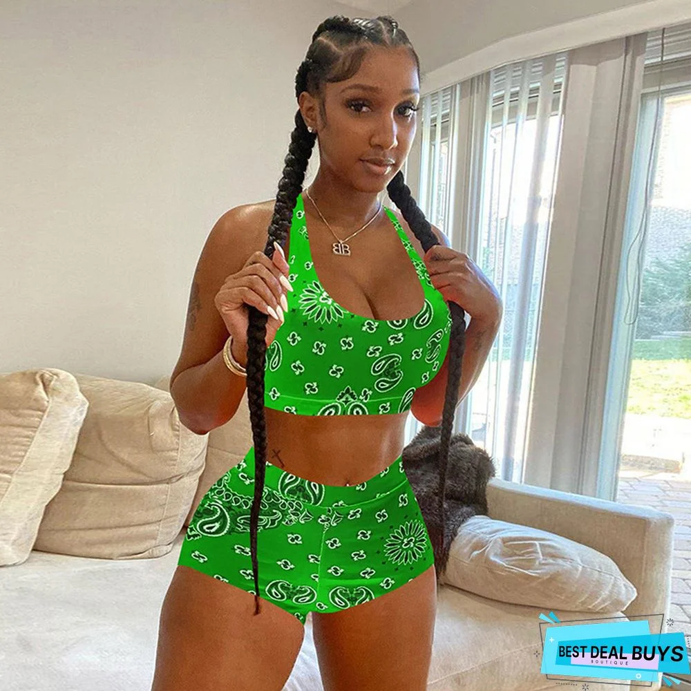 Women Summer Print Sleeveless Top and Casual Shorts Two-Piece Set