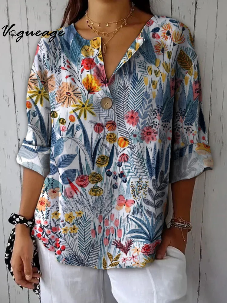 Colorful Hand-Painted Gentle Flowers Printed Cotton And Linen Shirt
