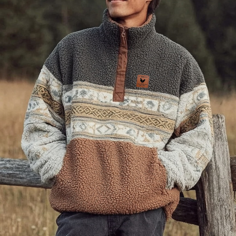Men's Surfing Coffee Color Loose Casual Autumn And Winter New Lambskin Splicing Sweatshirt