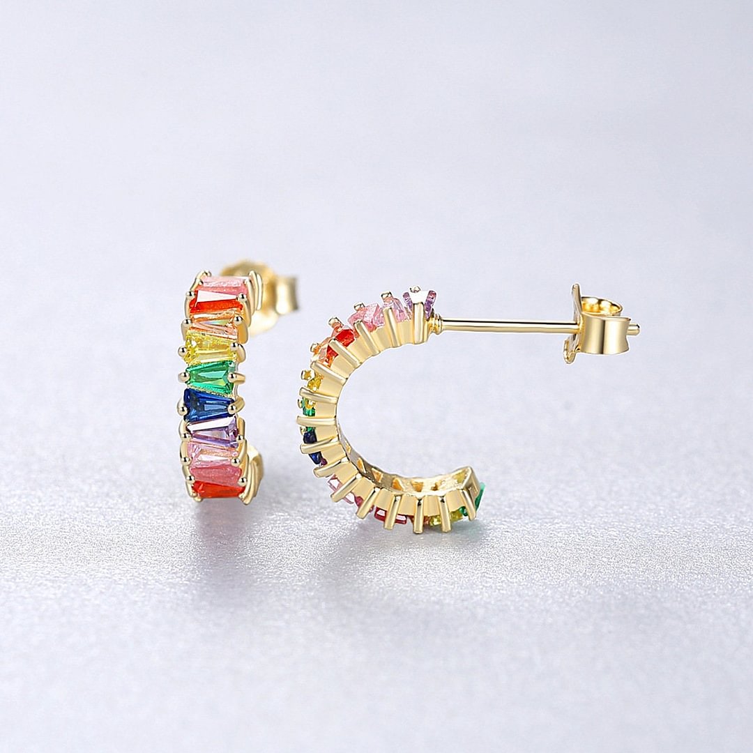 Colored Gem Half Circle Hoop Earrings Rainbow LGBTQ Pride Earrings Gold Plated Silver Stud Earrings Trendy Best Friend Gift Gifts for The Closest