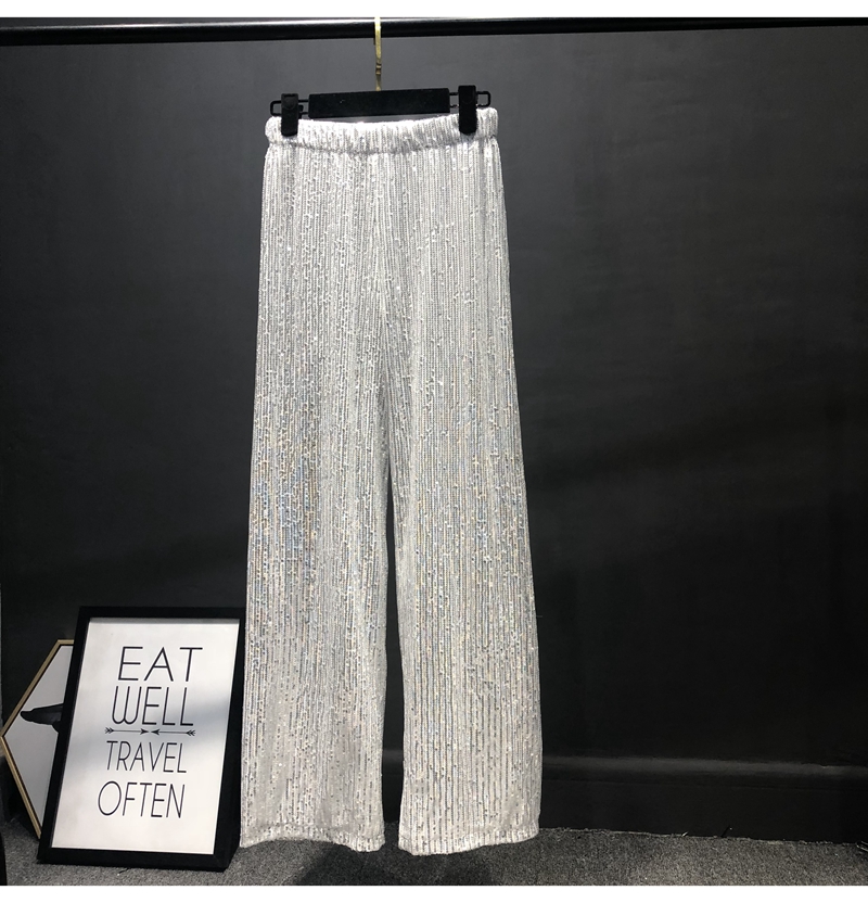 Ootddress Women Silver Full Sequined Wide Leg Pants Elastic Waist Bling Luxury Chic Capris Casual Gold Long Pants Female Club 2025