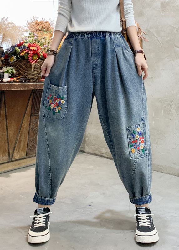 VCSHOES Denim Blue Floral Embroideried Elastic Waist Pockets Cotton Harem Pants Summer
