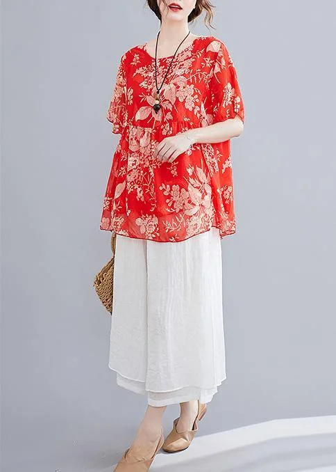 Summer red small floral cotton and linen top + wide-leg pants suit